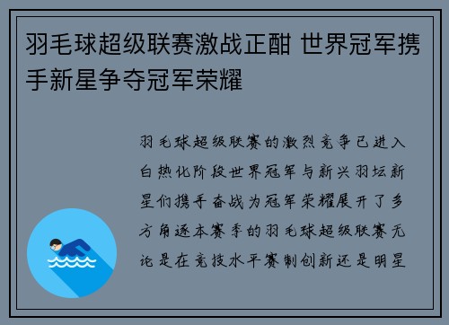 羽毛球超级联赛激战正酣 世界冠军携手新星争夺冠军荣耀