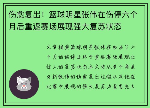 伤愈复出！篮球明星张伟在伤停六个月后重返赛场展现强大复苏状态
